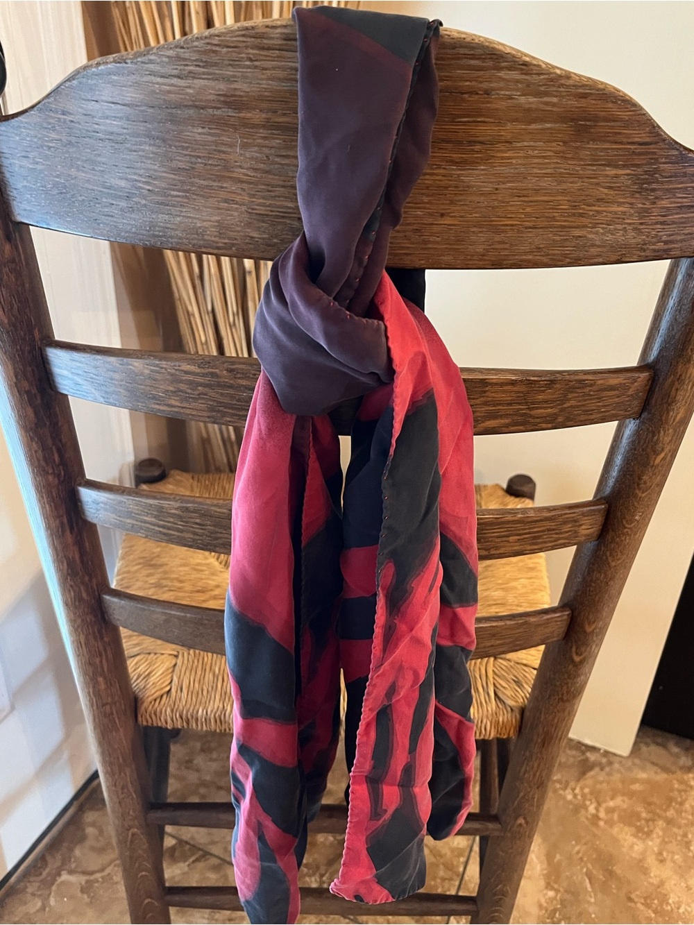 Canti Italy 100% Silk Scarf Red & Black Abstract Swirl Print Hand Rolled Edges